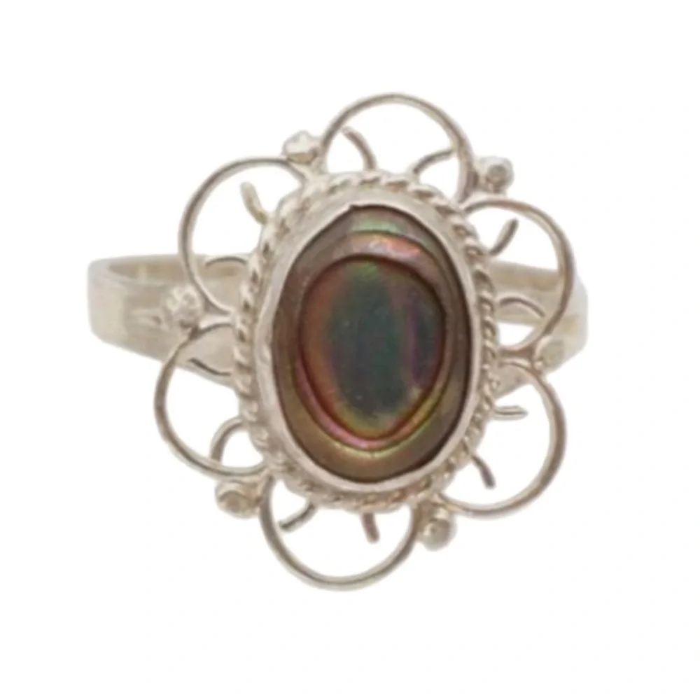 Vintage Mexico Sterling Silver 925 Abalone Stone Shell Filagree Oval Ring